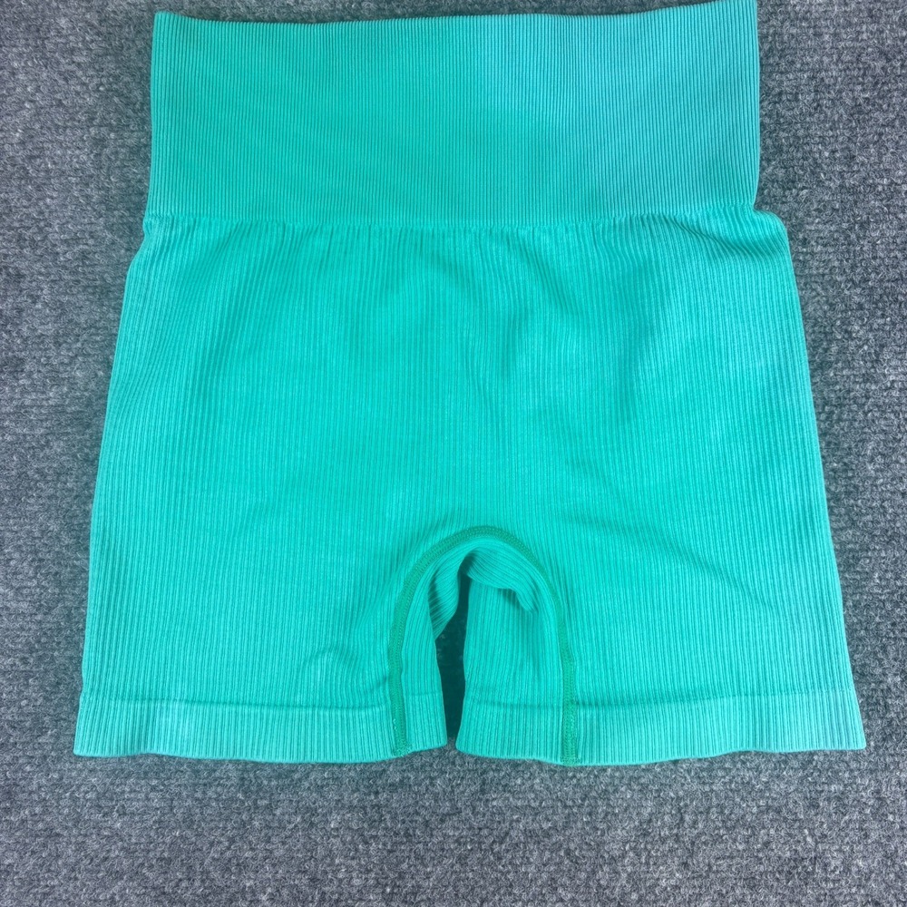 OQQ Seamless Athletic Shorts Womens 22x4 Turquoise Ribbed Nylon High Waisted